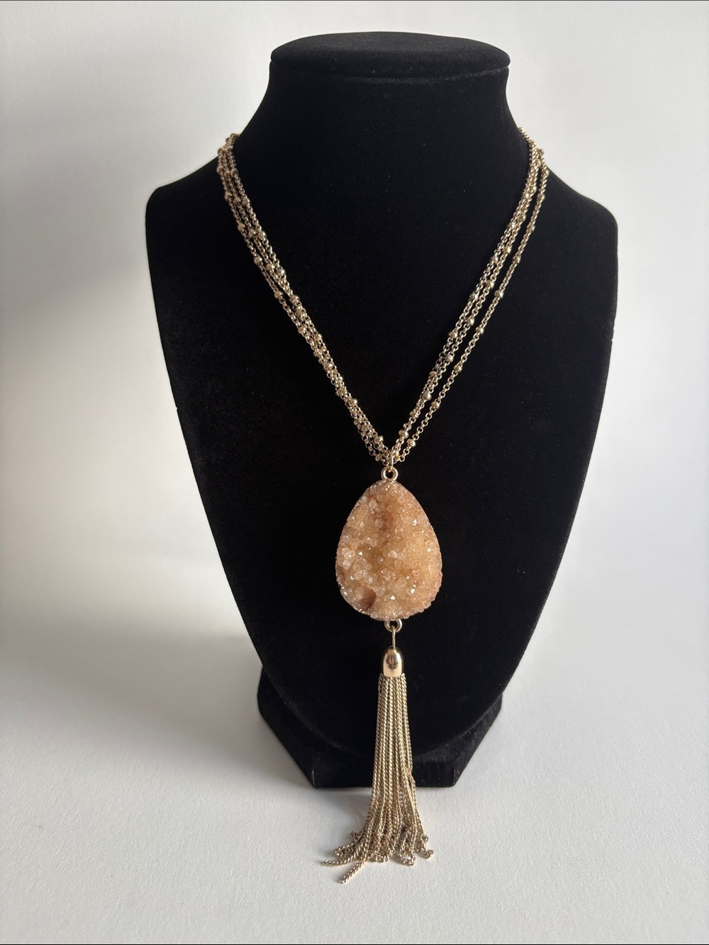 Gold Druzy Teardrop Necklace Peach Tassel Layered Statement